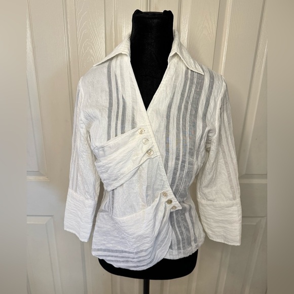 Farinaz Taghavi Sz 4 White Top Button Wrap 3/4 Sleeve Cotton Blend Shirt Blouse - Picture 3 of 11